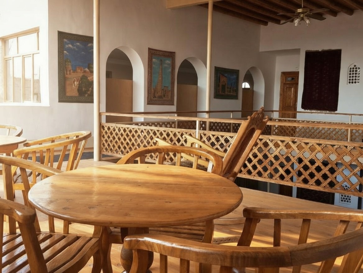 Sunlit upper terrace seating area inside the hotel courtyard