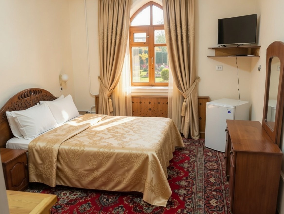 Double room with carved wooden headboard, TV, desk, and mini refrigerator
