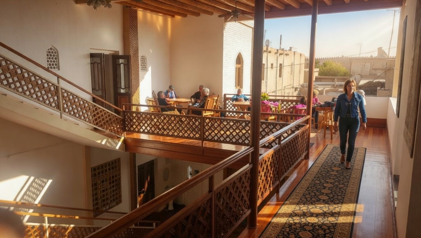 Upper terrace corridor with seating and views over the old city